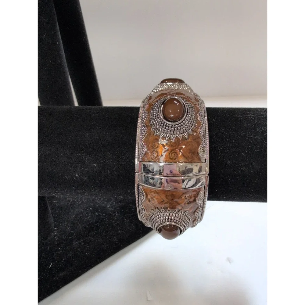 VTG brown enameled & textured silver-tone hinged clamp bracelet Statement Piece